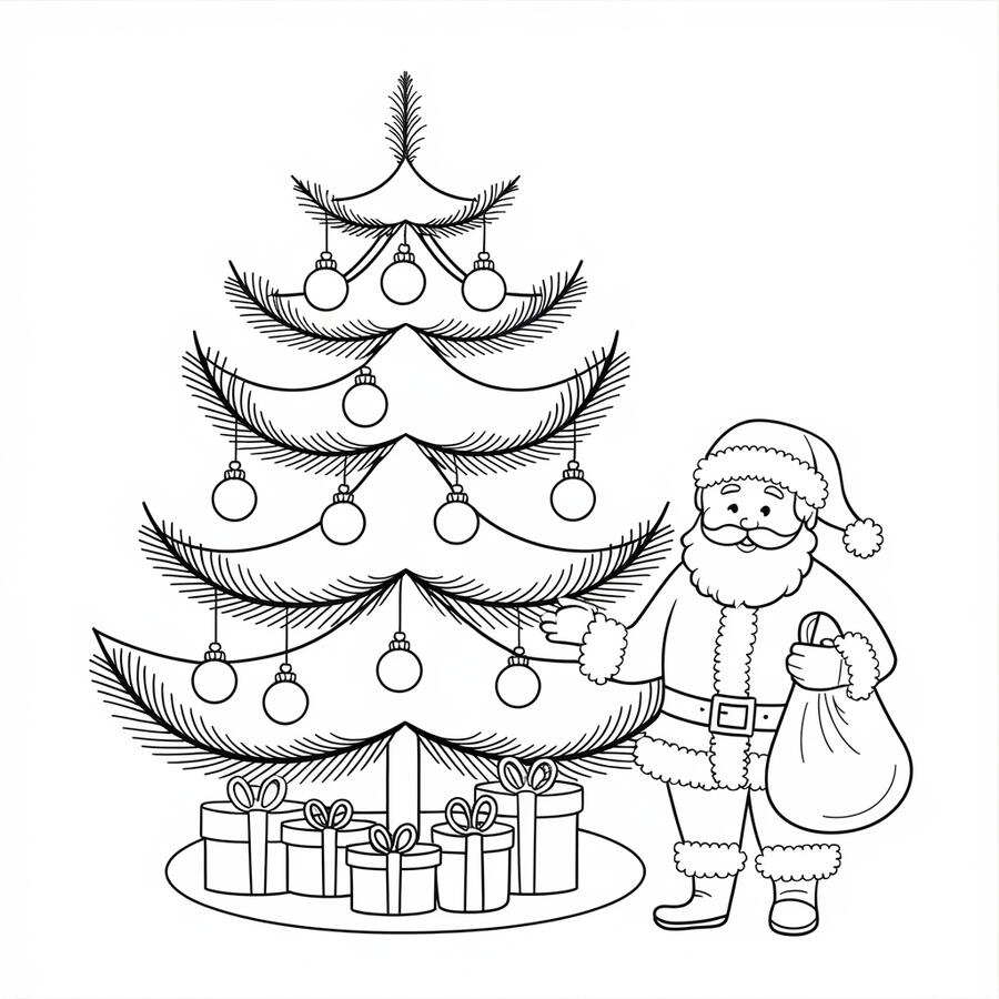 Santa by the Christmas tree coloring page