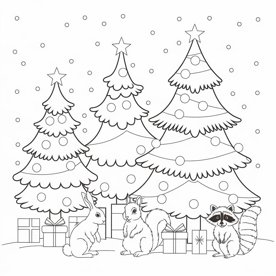 Animals by a Christmas tree coloring page