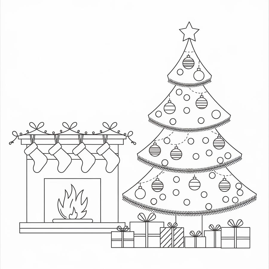 a Christmas tree by a fireplace coloring page