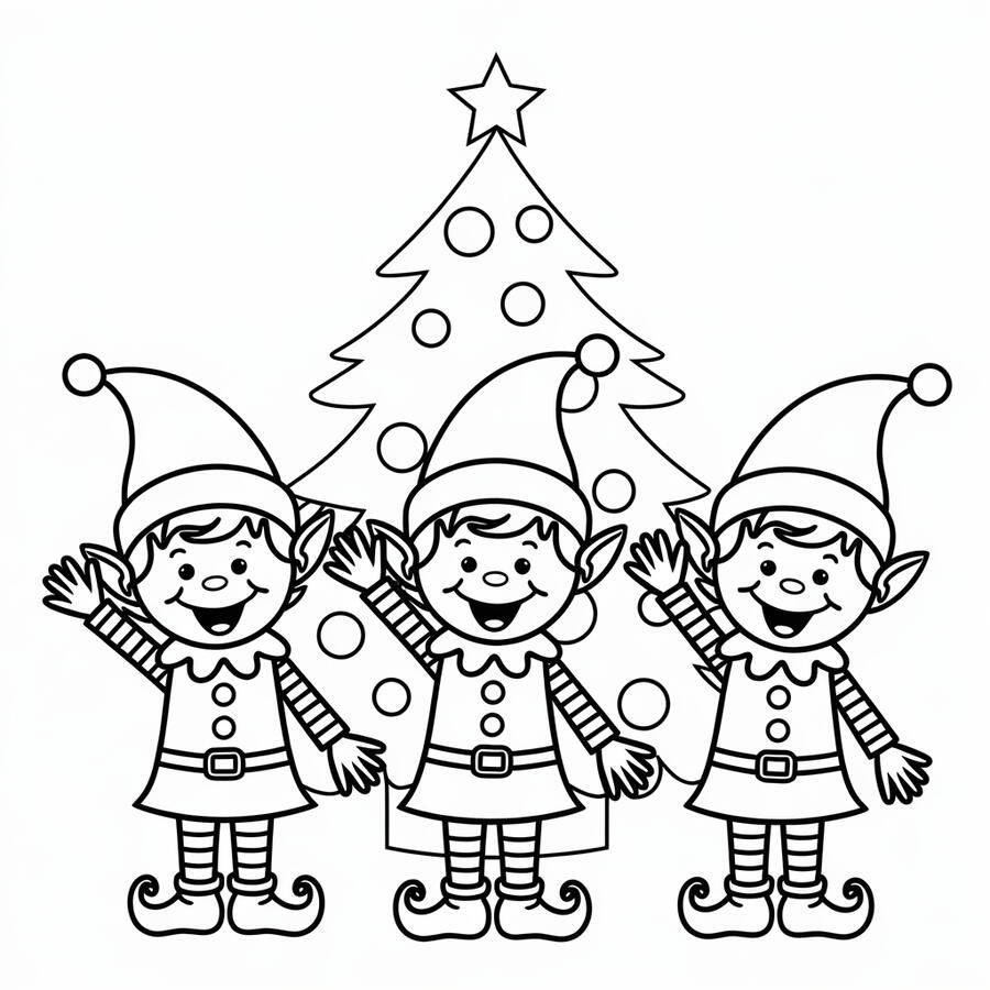 3 elves in front of a Christmas tree coloring page