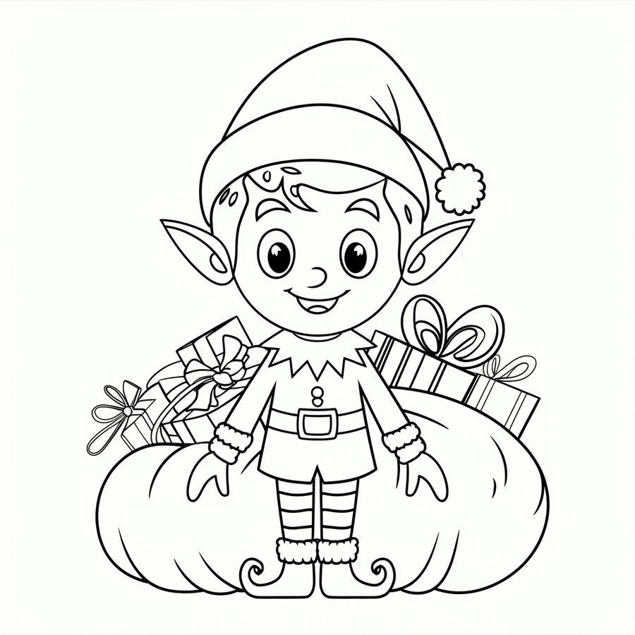 Christmas elf with Santa's bag of gifts coloring page