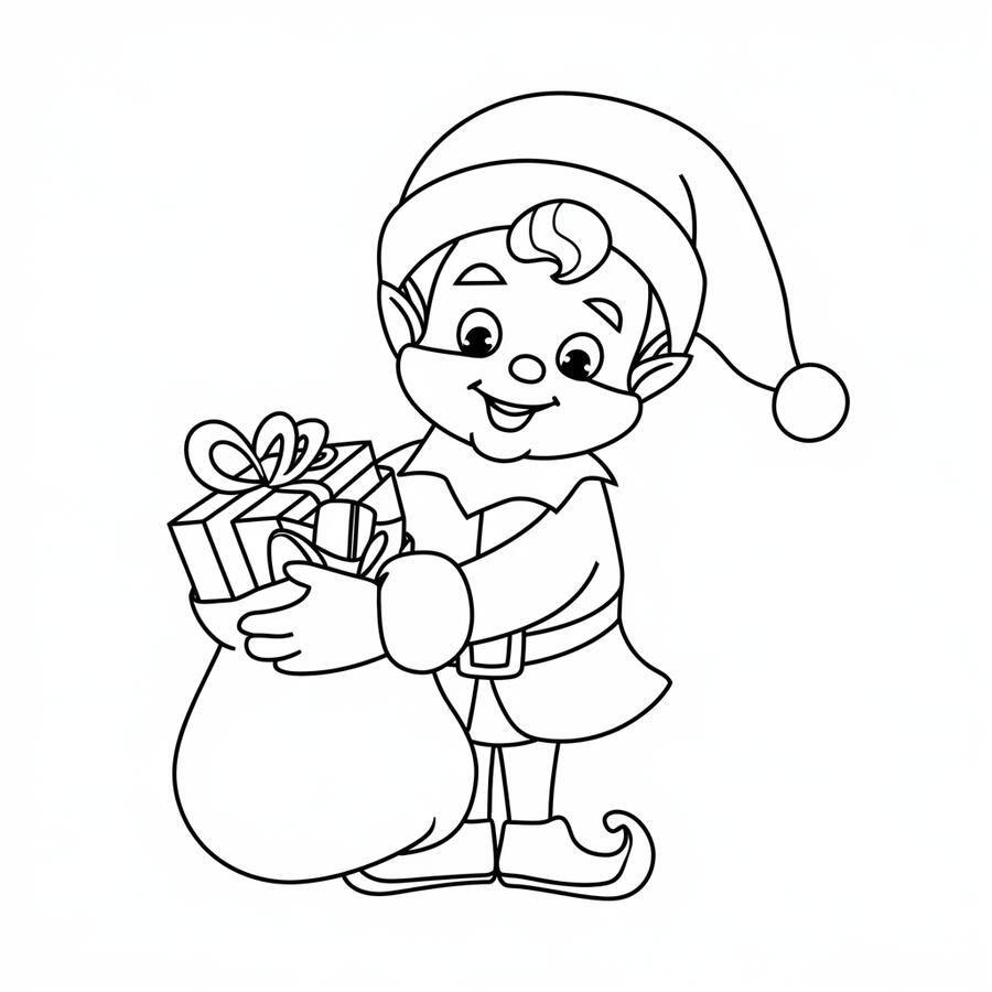 Christmas elf with a bag of gifts coloring page