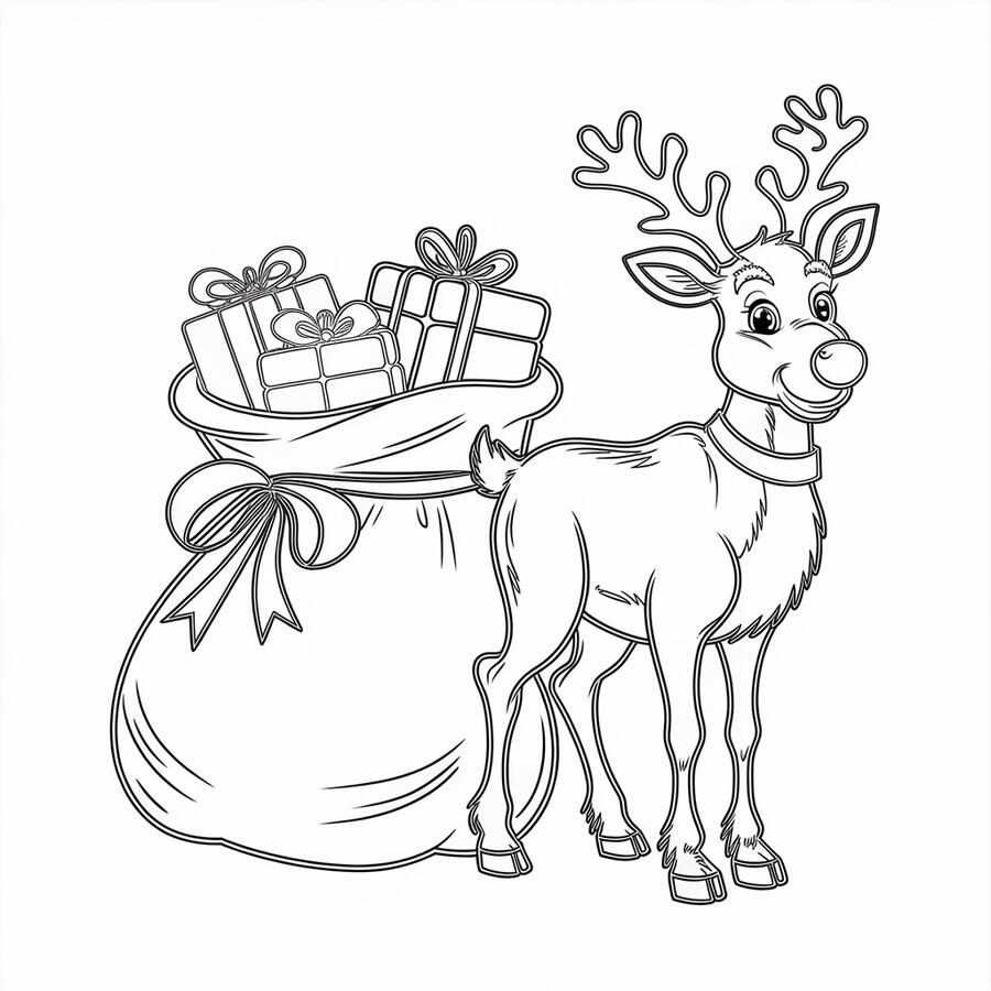 Reindeer with bag of gifts coloring page