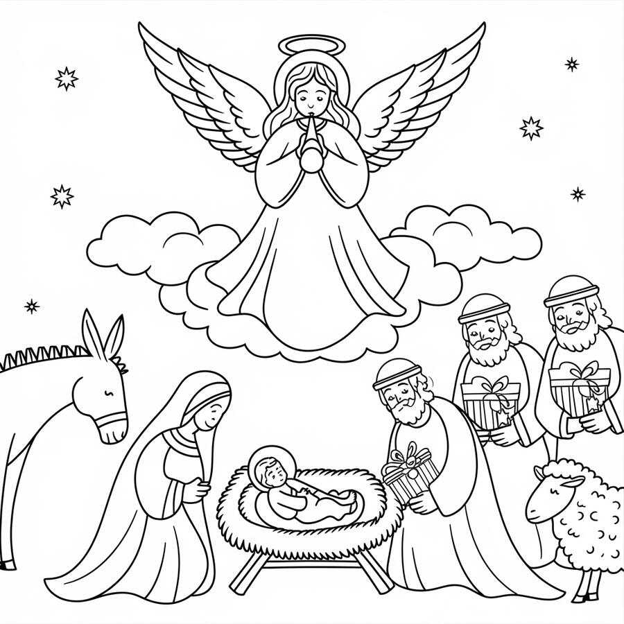 Angels on the first Christmas coloring page